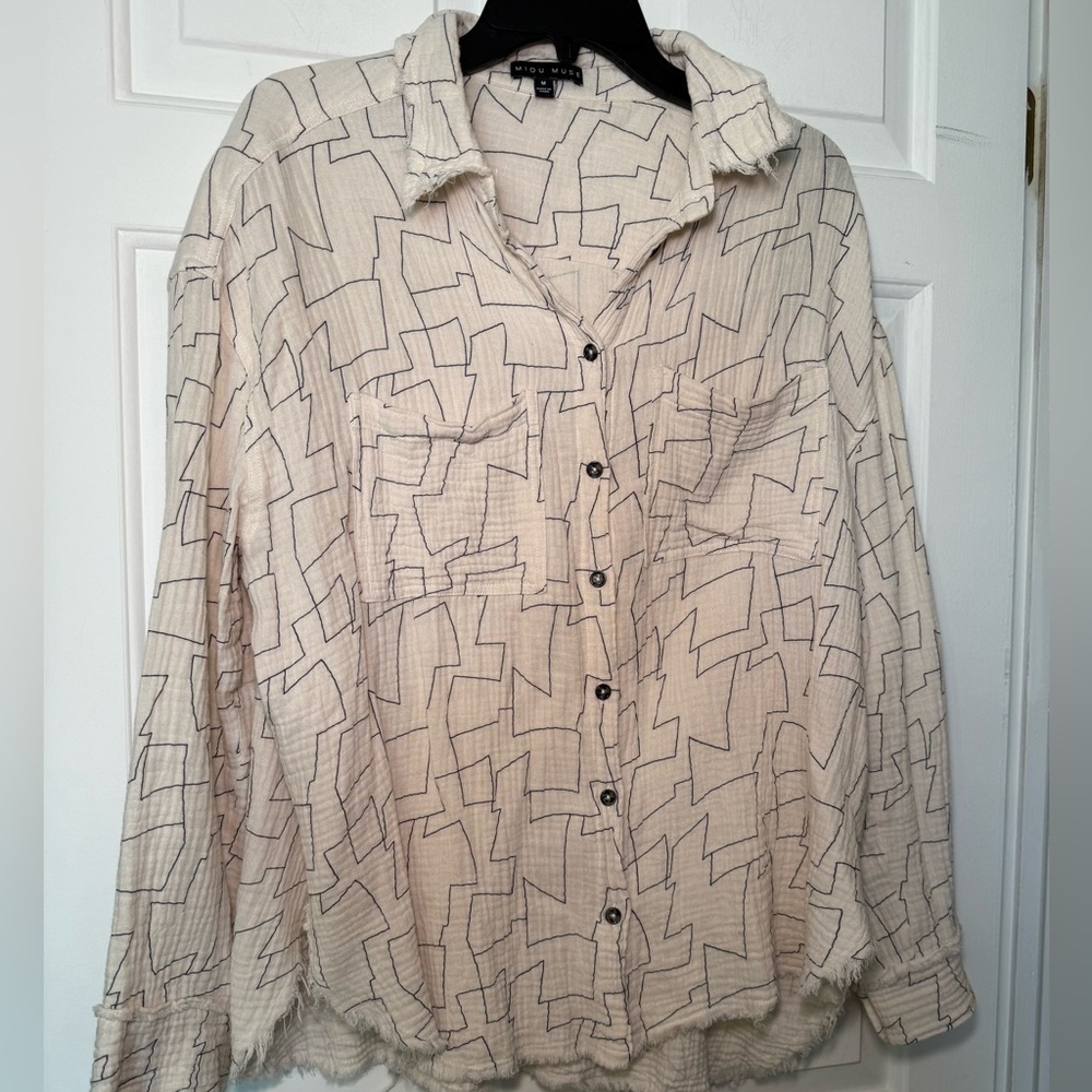 Miou Muse Frayed Gauze Ivory Blouse Black Geo Design Medium Oversized Cotton